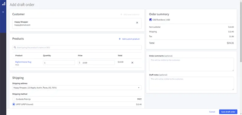 Control panel - Add draft order